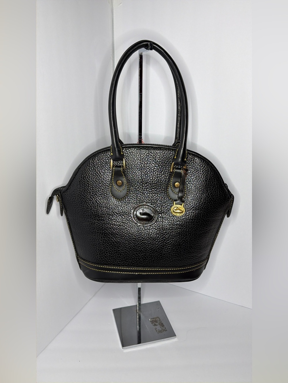 Black Pebbled Leather Dome Satchel with Gold Hardware